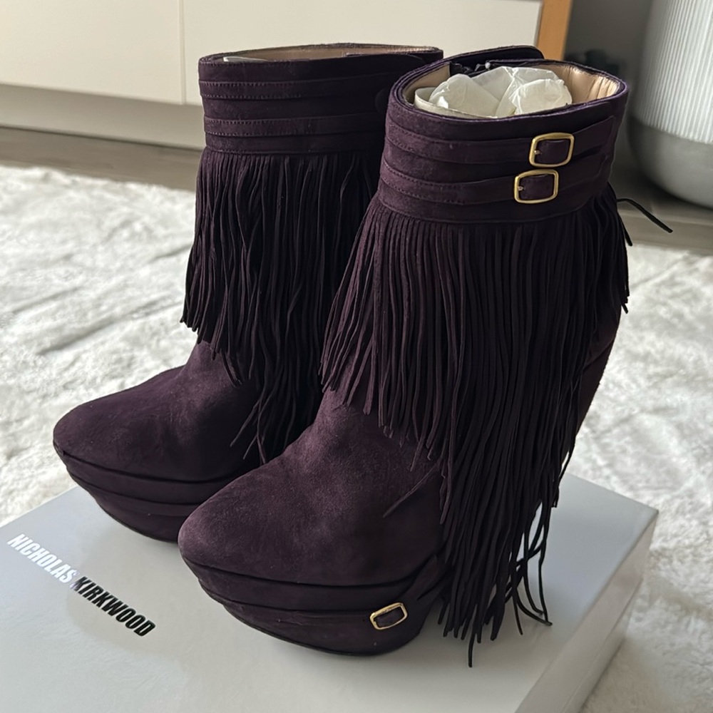 Nicholas Kirkwood purple suede platform fringe booties